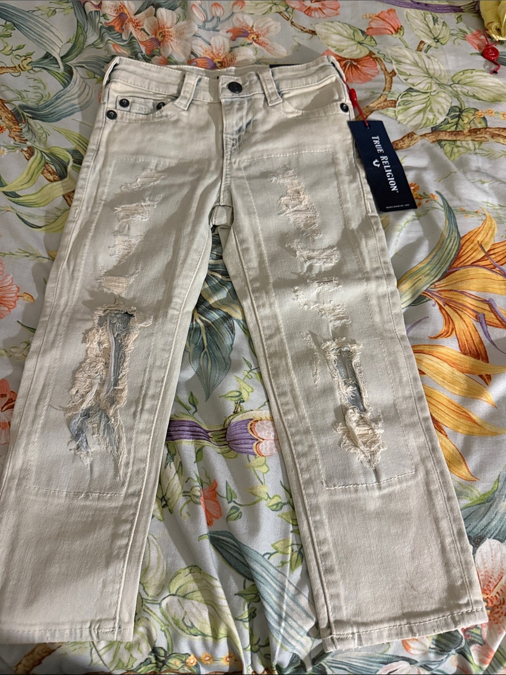 True Religion Cream Distressed Straight-Leg Jeans